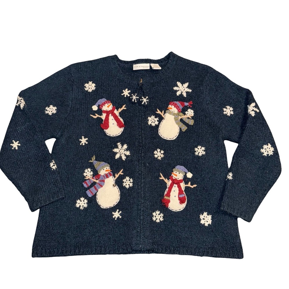 Croft & Barrow Winter Snowman Cardigan Sweater Petite Large Ramie Cotton Holiday